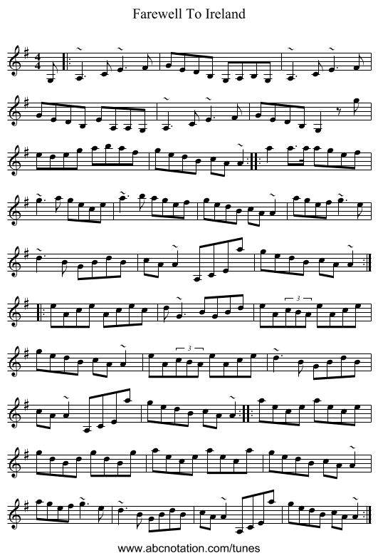 Farewell To Ireland - staff notation