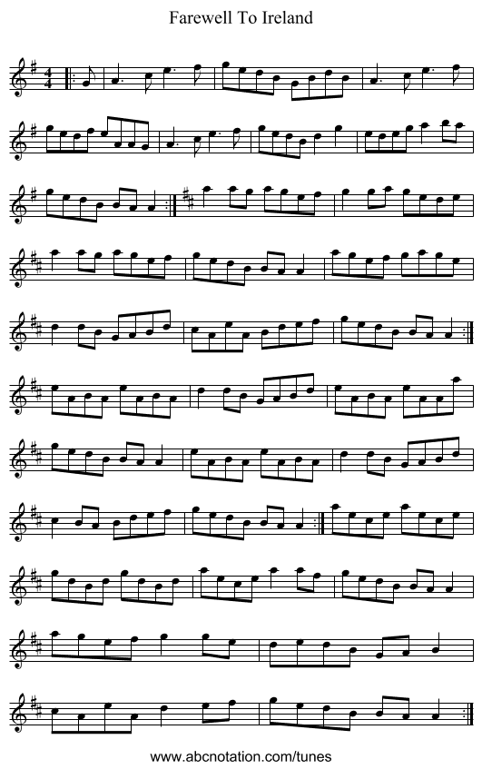 Farewell To Ireland - staff notation