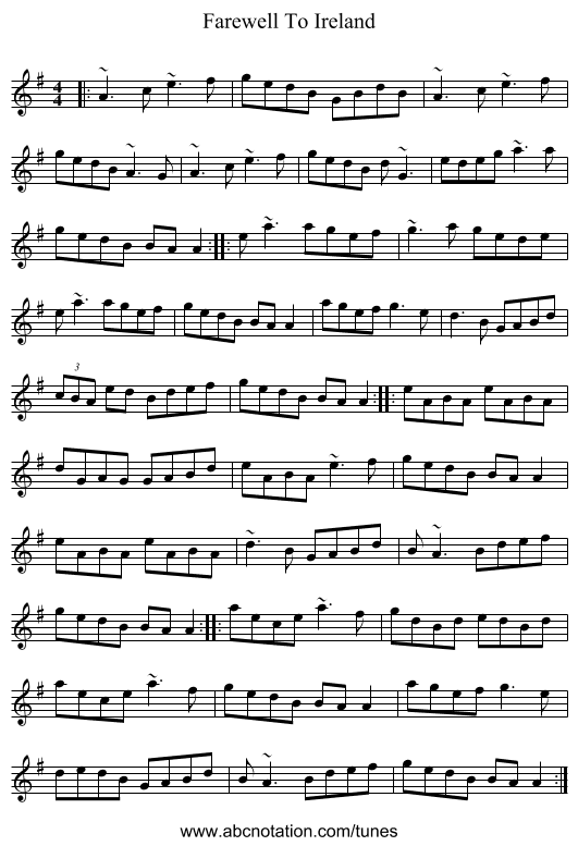 Farewell To Ireland - staff notation