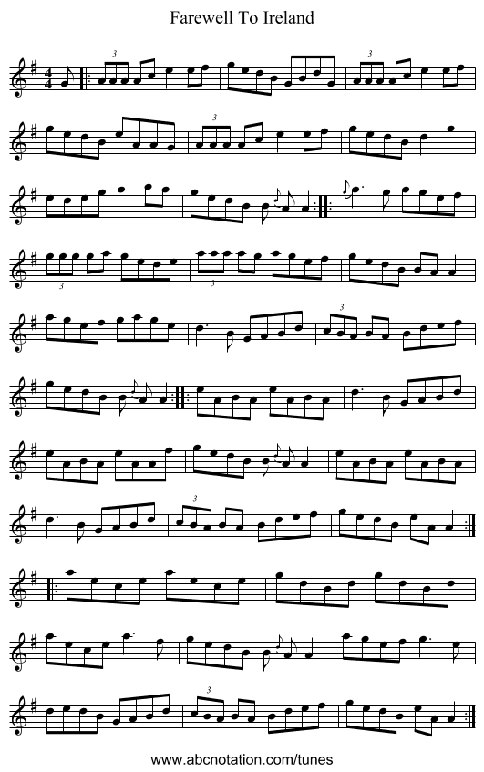 Farewell To Ireland - staff notation
