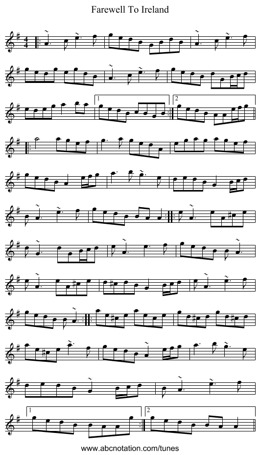 Farewell To Ireland - staff notation
