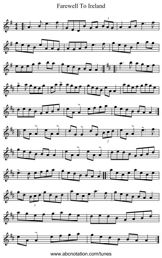 Farewell To Ireland - staff notation