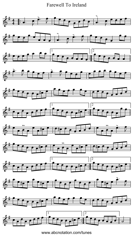 Farewell To Ireland - staff notation