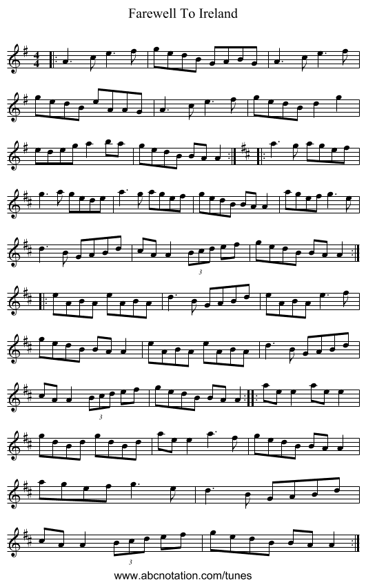 Farewell To Ireland - staff notation