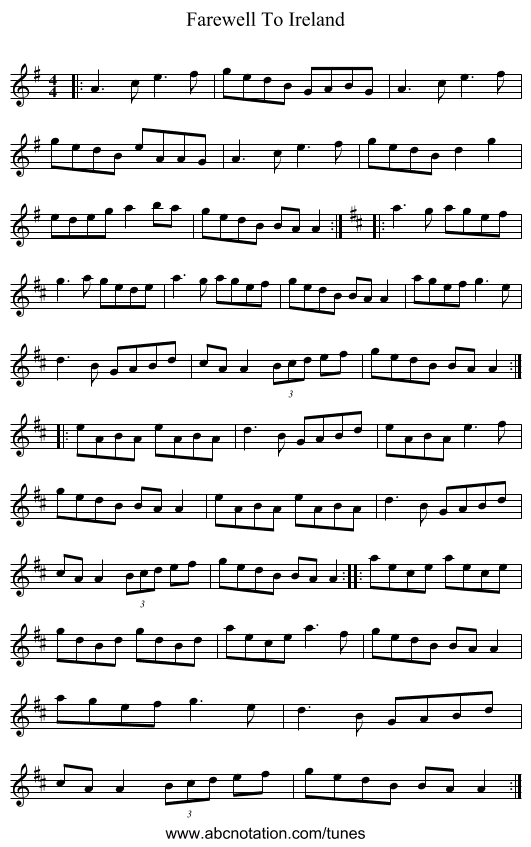 Farewell To Ireland - staff notation