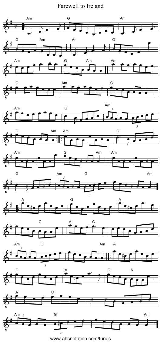 Farewell to Ireland - staff notation