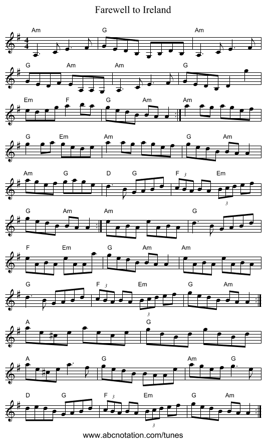 Farewell to Ireland - staff notation