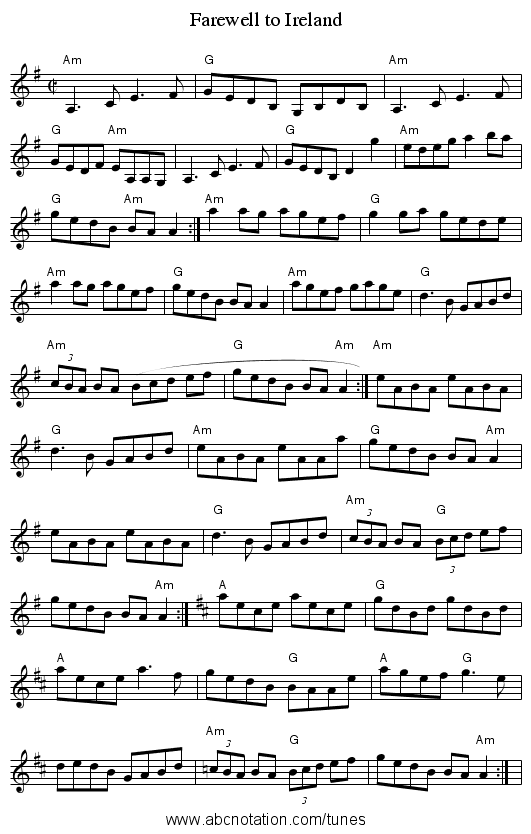 Farewell to Ireland - staff notation