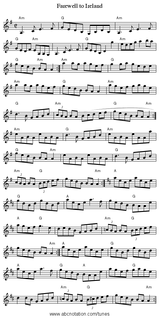 Farewell to Ireland - staff notation