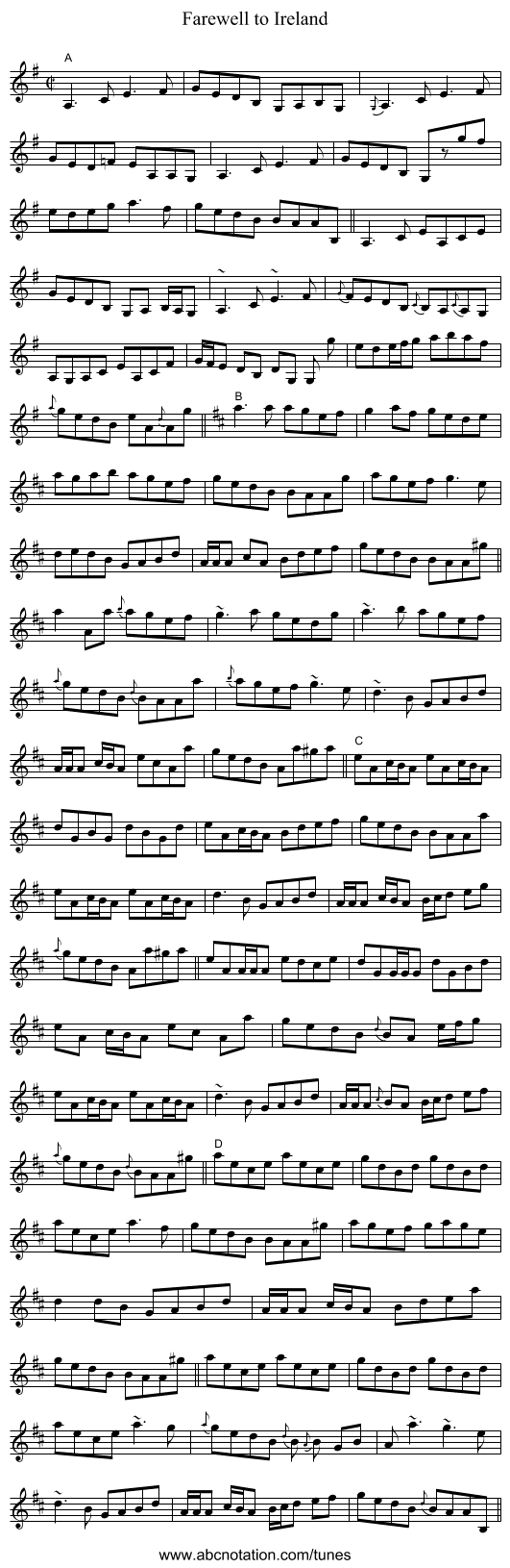 Farewell to Ireland - staff notation