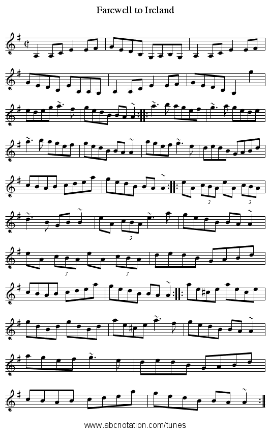 Farewell to Ireland - staff notation