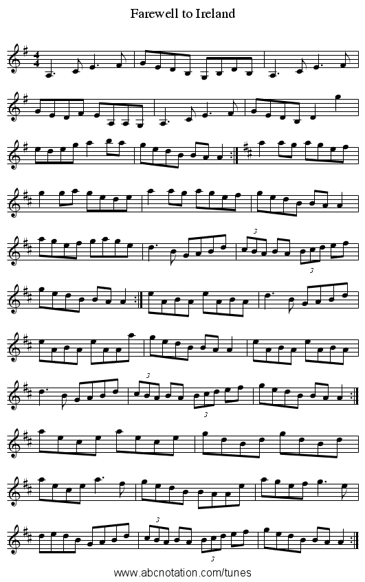 Farewell to Ireland - staff notation