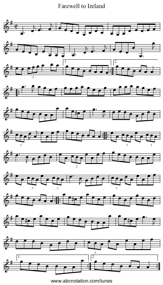 Farewell to Ireland - staff notation