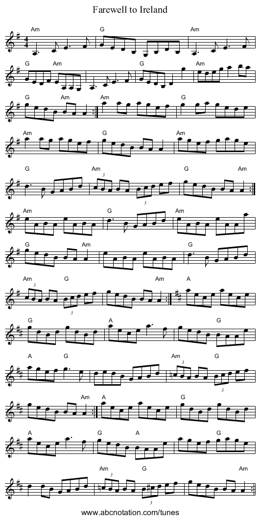 Farewell to Ireland - staff notation