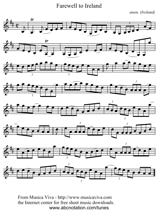 Farewell to Ireland - staff notation