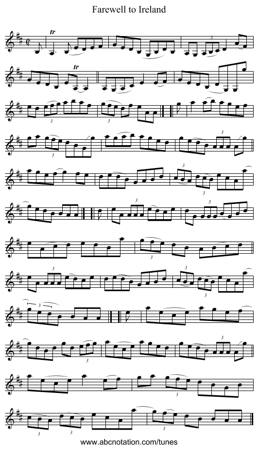 Farewell to Ireland - staff notation