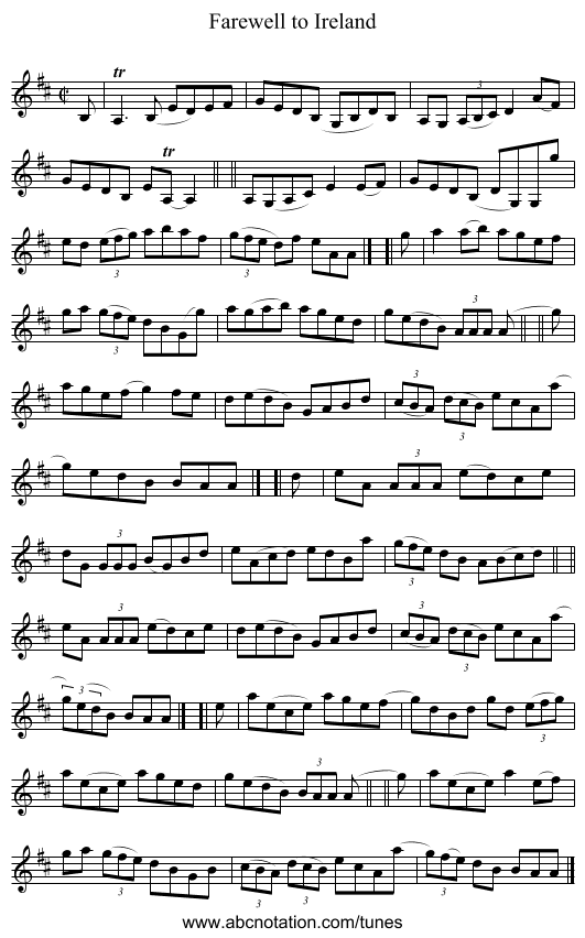 Farewell to Ireland - staff notation