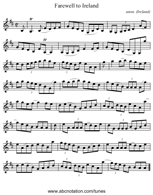 Farewell to Ireland - staff notation