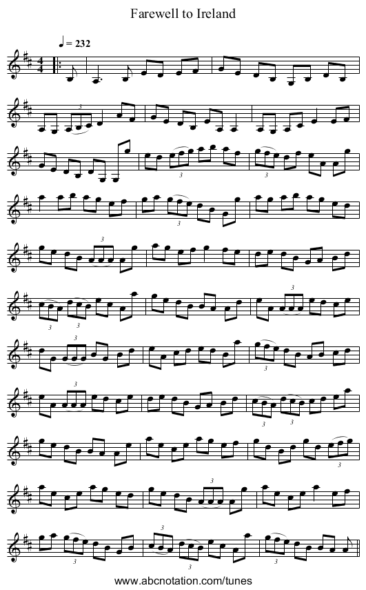 Farewell to Ireland - staff notation