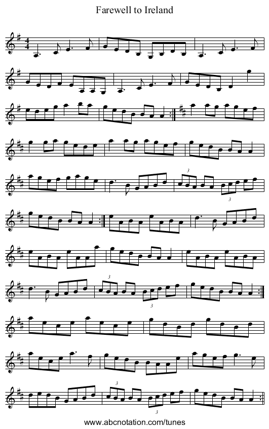 Farewell to Ireland - staff notation
