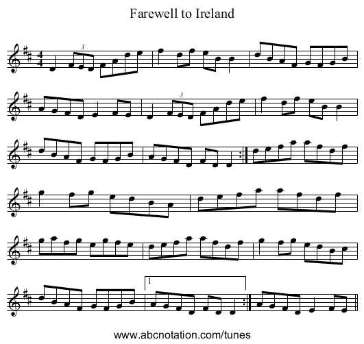 Farewell to Ireland - staff notation