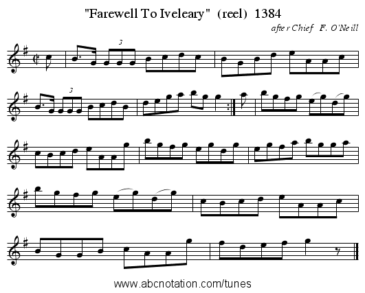 Farewell To Iveleary (reel) 1384 - staff notation