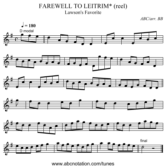 FAREWELL TO LEITRIM* (reel) - staff notation