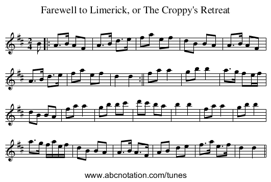 Farewell to Limerick, or The Croppy's Retreat - staff notation