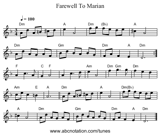 Farewell To Marian - staff notation
