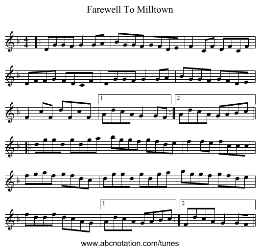 Farewell To Milltown - staff notation