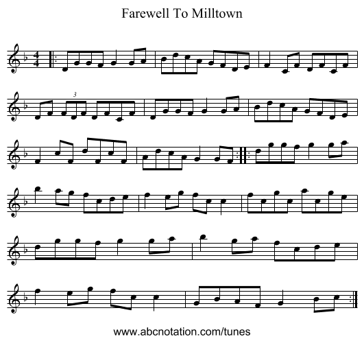 Farewell To Milltown - staff notation