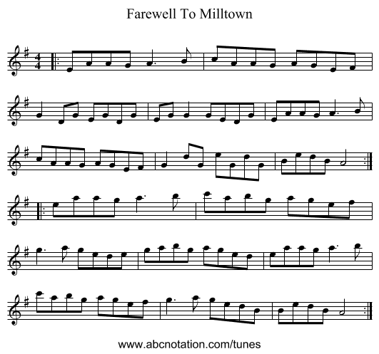 Farewell To Milltown - staff notation