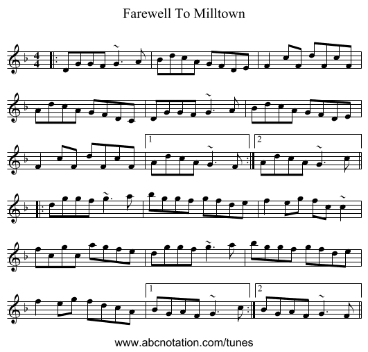 Farewell To Milltown - staff notation