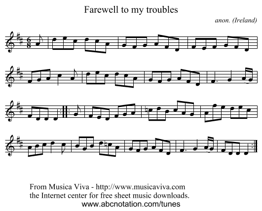 Farewell to my troubles - staff notation