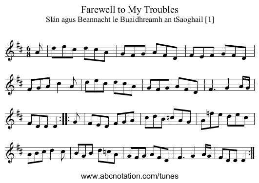Farewell to My Troubles - staff notation