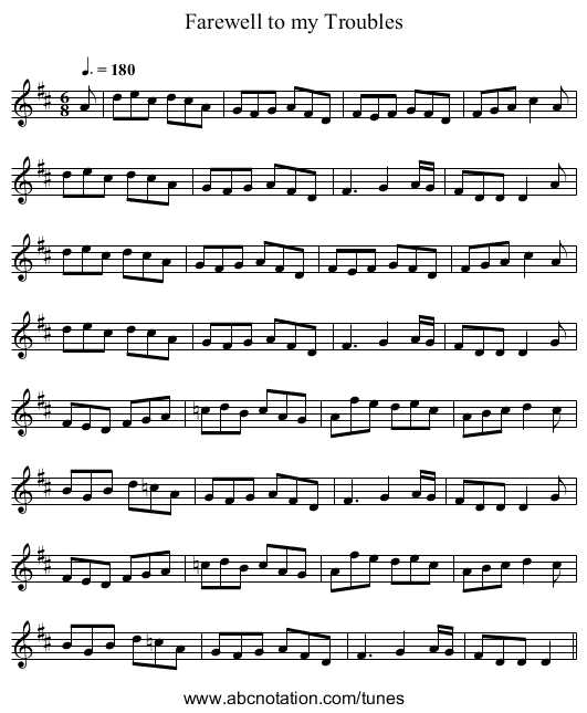 Farewell to my Troubles - staff notation