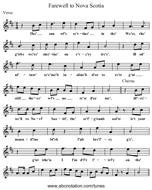 Farewell to Nova Scotia - staff notation