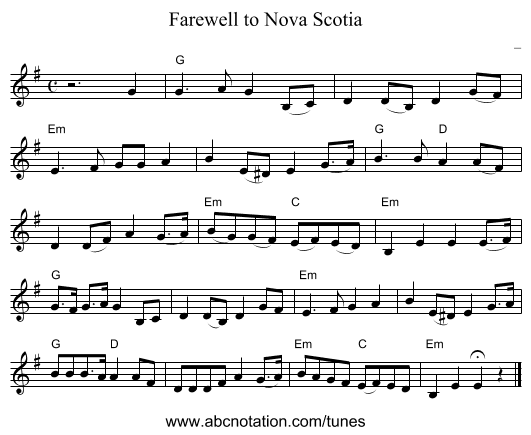 Farewell to Nova Scotia - staff notation