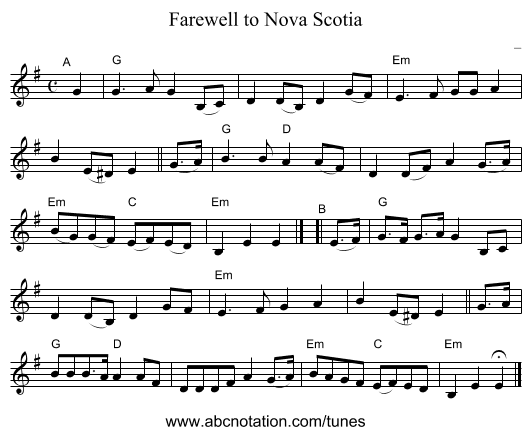 Farewell to Nova Scotia - staff notation