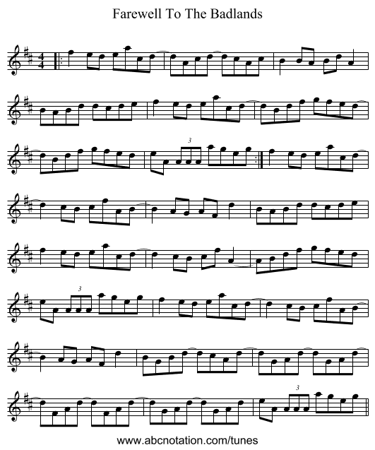 Farewell To The Badlands - staff notation