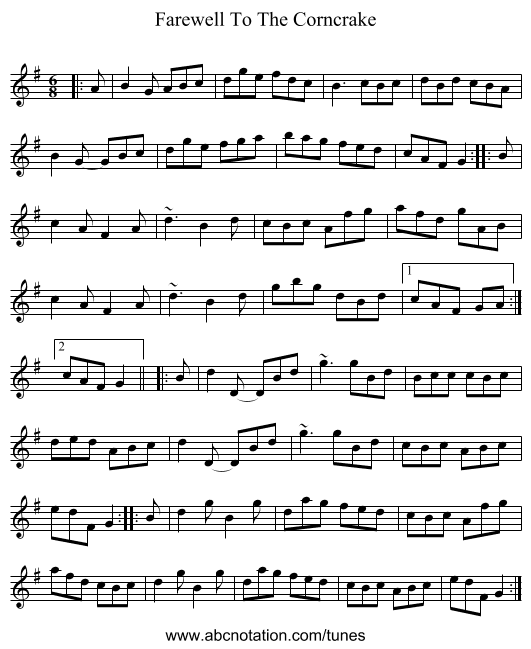 Farewell To The Corncrake - staff notation