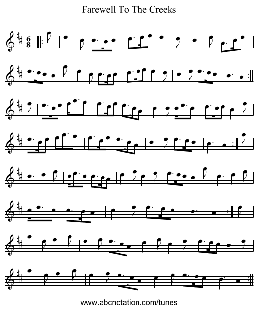 Farewell To The Creeks - staff notation