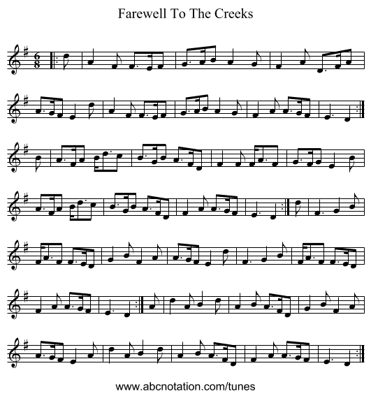 Farewell To The Creeks - staff notation