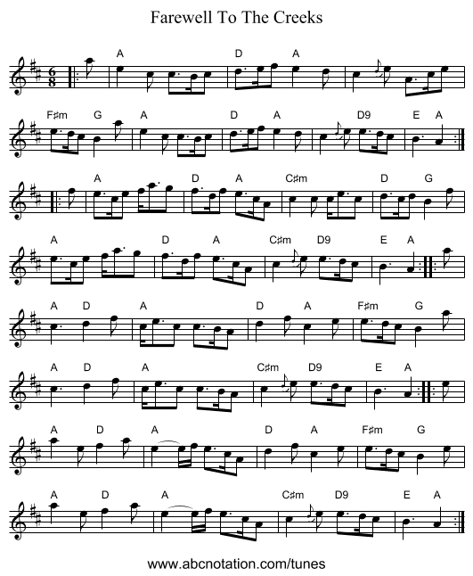 Farewell To The Creeks - staff notation