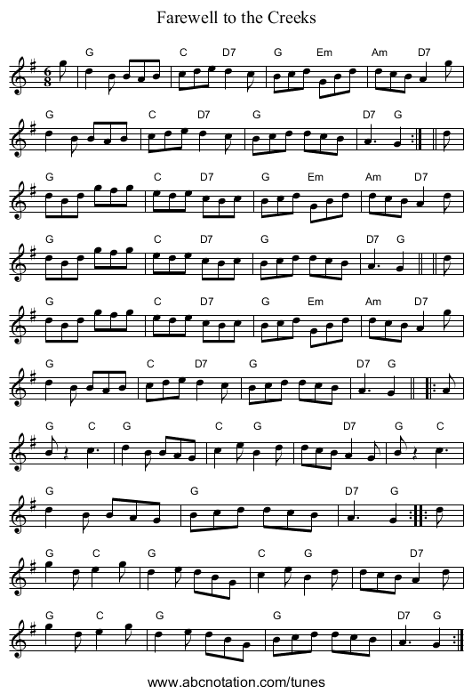 Farewell to the Creeks - staff notation