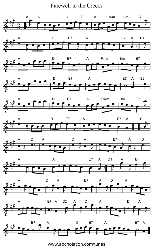 Farewell to the Creeks - staff notation
