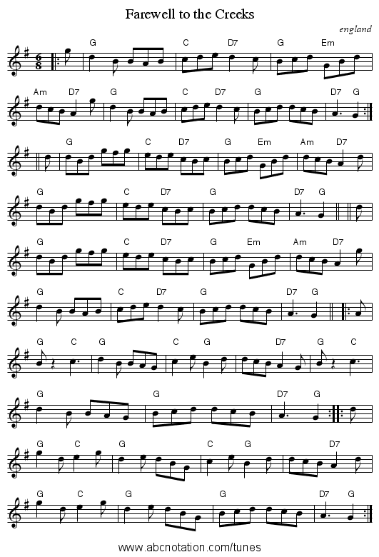 Farewell to the Creeks - staff notation