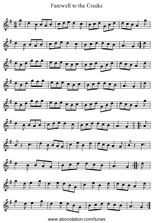 Farewell to the Creeks - staff notation