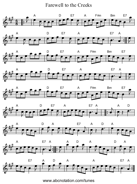 Farewell to the Creeks - staff notation
