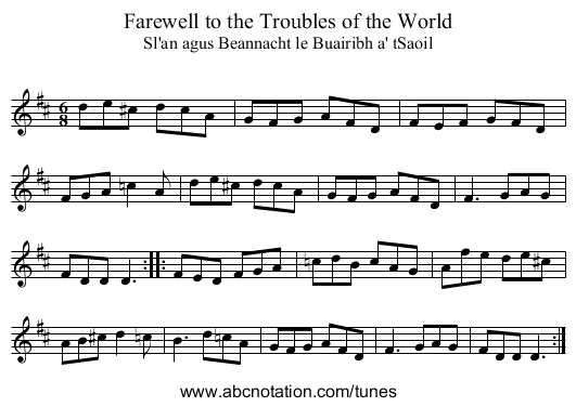Farewell to the Troubles of the World - staff notation